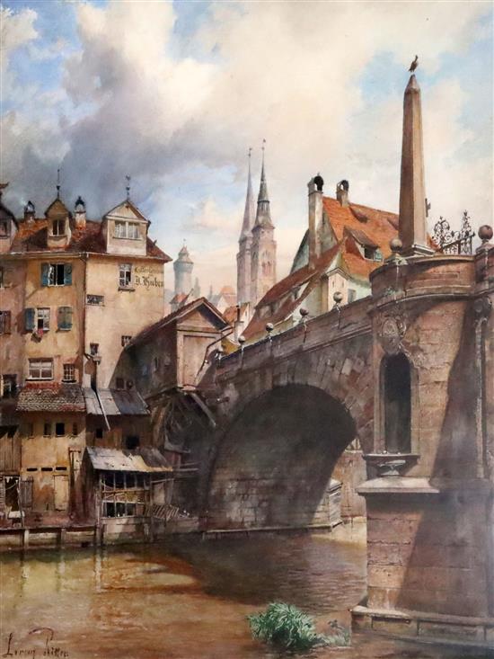 Lorenze Ritter (German 1831-1921), watercolour, A bridge at Tharlesbruke, Nuremberg, signed, 62 x 50cm